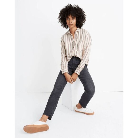 Madewell Antique Cream Claxton Stripe Flannel Sunday Shirt Women's Size Medium - Picture 1 of 8